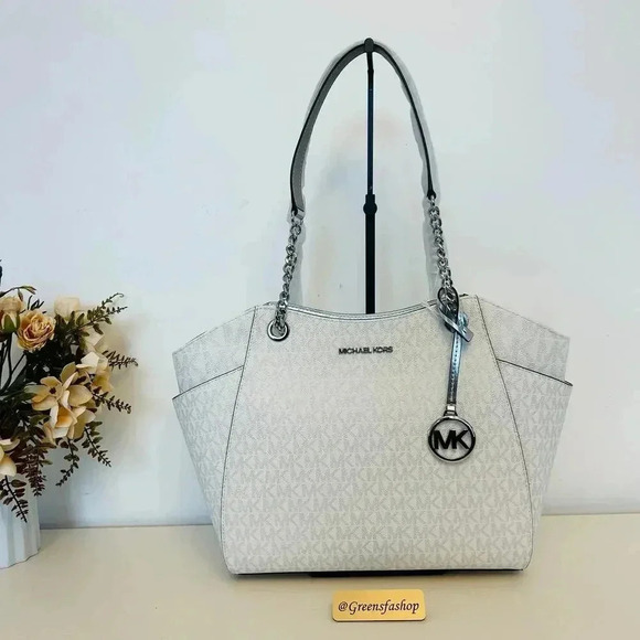 Michael Kors Purse jet set travel large chain tote shoulder bag silver - Picture 1 of 9